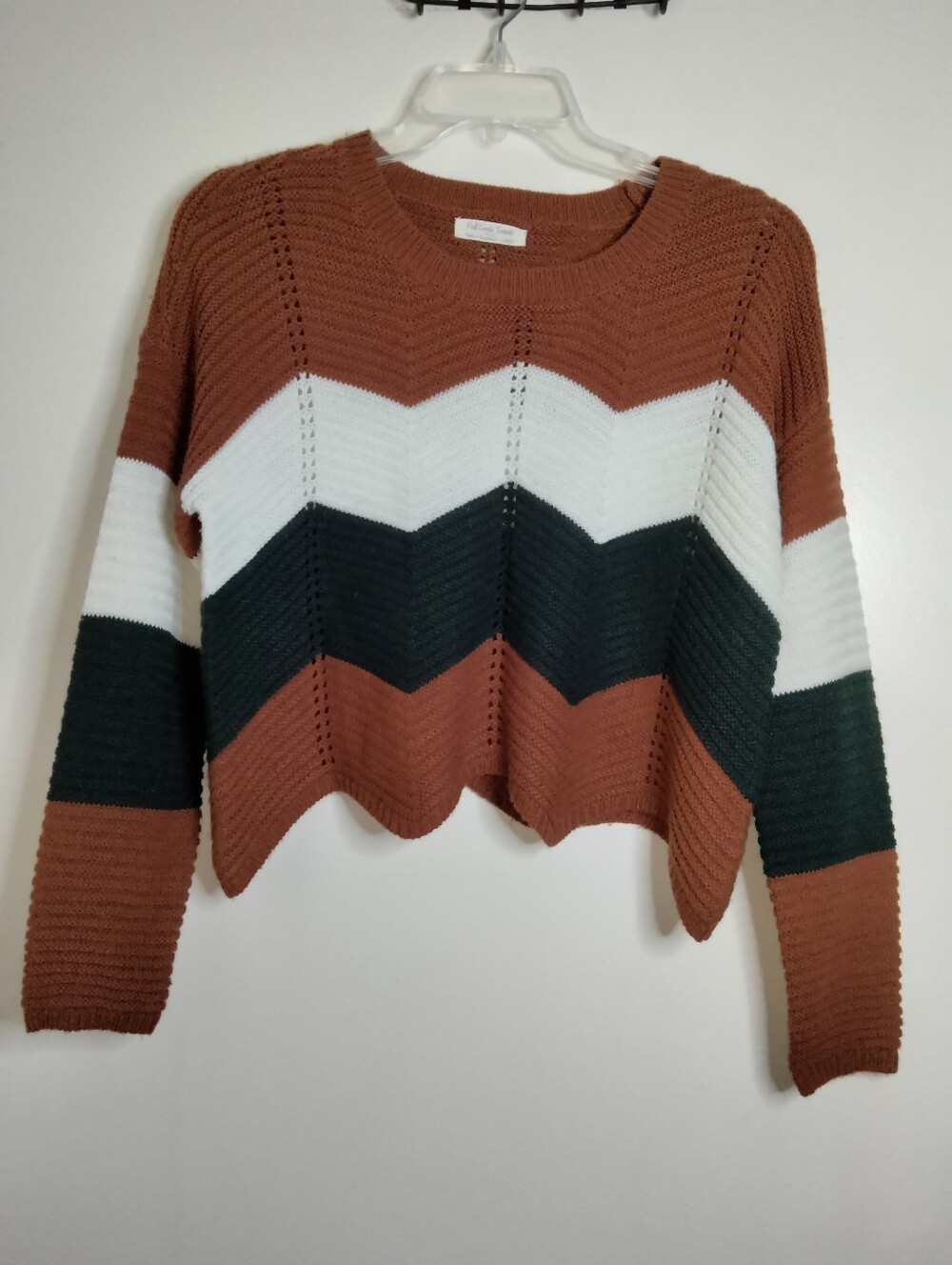 Full Circle Trends (Sz L) Chevron-Stripe Crewneck Sweater in Rust, Black & White